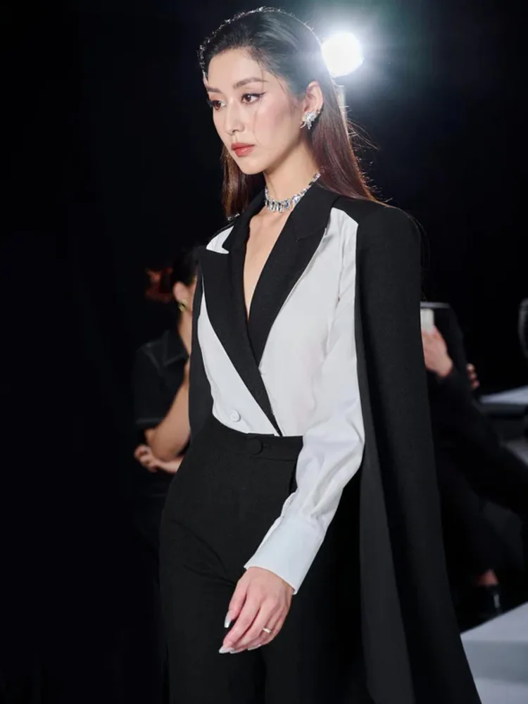 DEAT 2024 Autumn Elegant 2 Pcs Set Contrast Color Lapel Cloak Top High Waist Solid Straight Pants Women's Suits  New 35Z1047 image 5