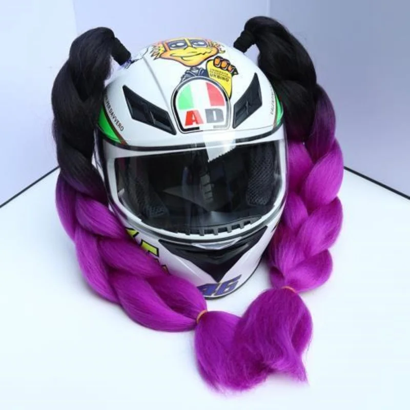 Helm sepeda motor, dekorasi helm Wig kepang gaya keren Harley Quinn warna sama kepang dua Aksesoris helm uniseks