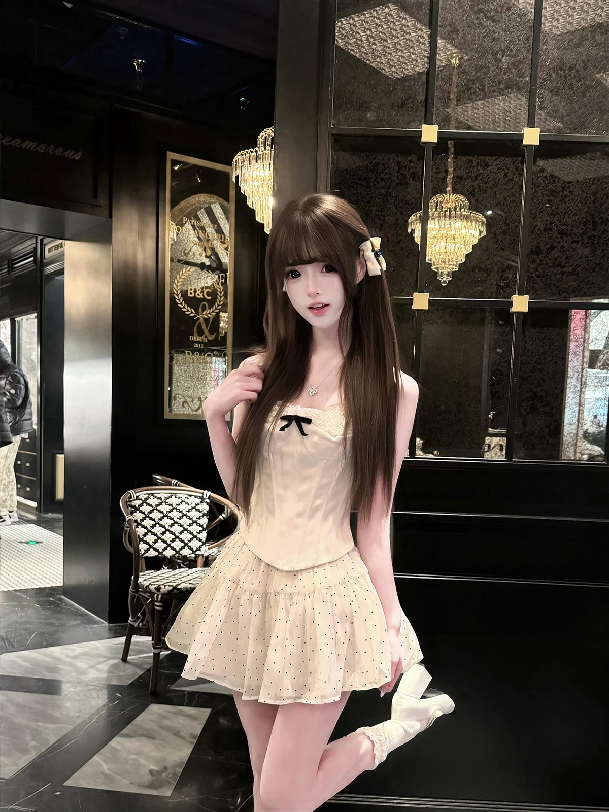 

BBING Princ Limited Lace Svel Fibone Brtte Slim Fit Csole & Gentle Polka Dot Skirt Women's Sweet Sle ort...