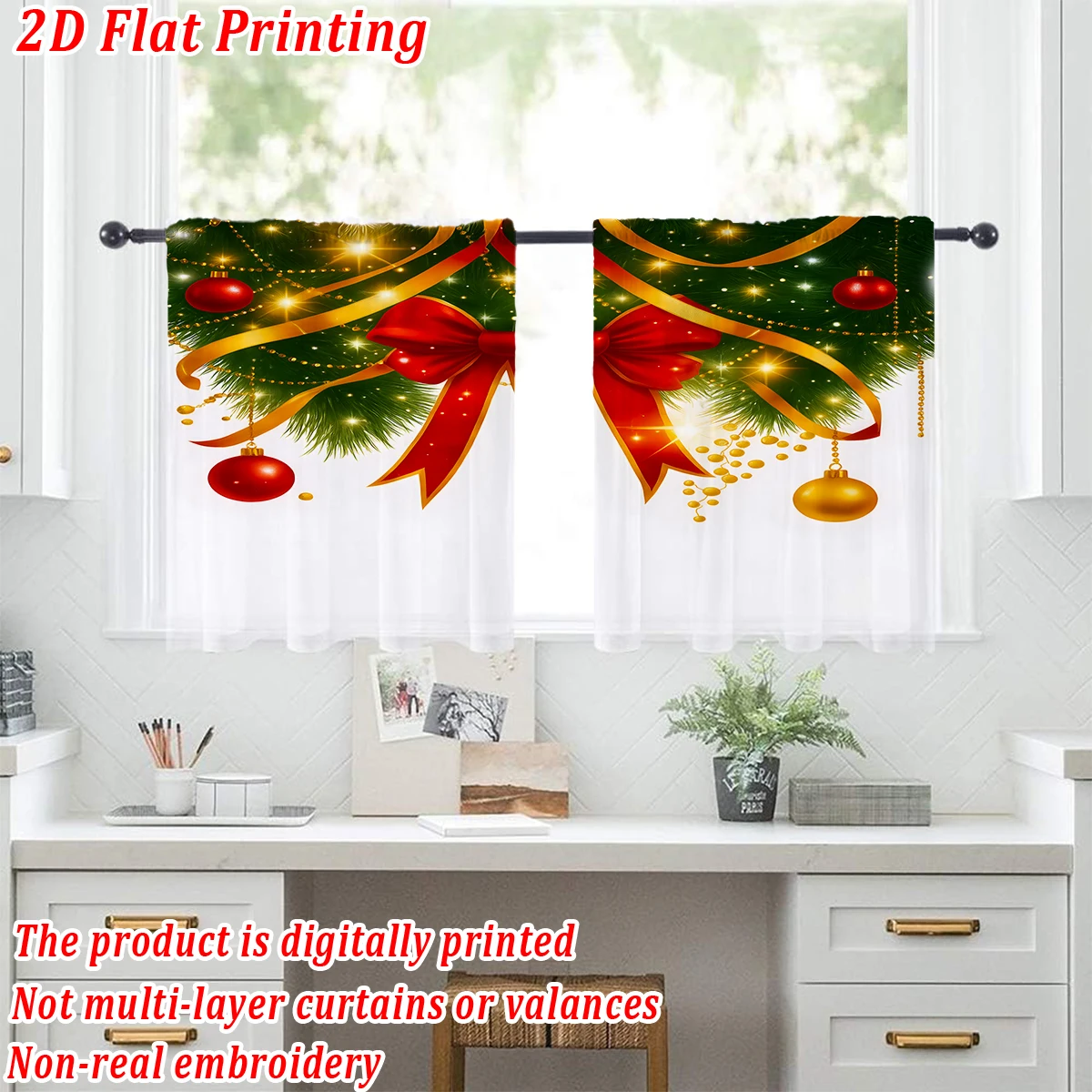 Tenda trasparente da cucina con stampa piatta natalizia con ramo di pino con fiocco a sfera di buon Natale per feste di decorazioni per la casa di Natale