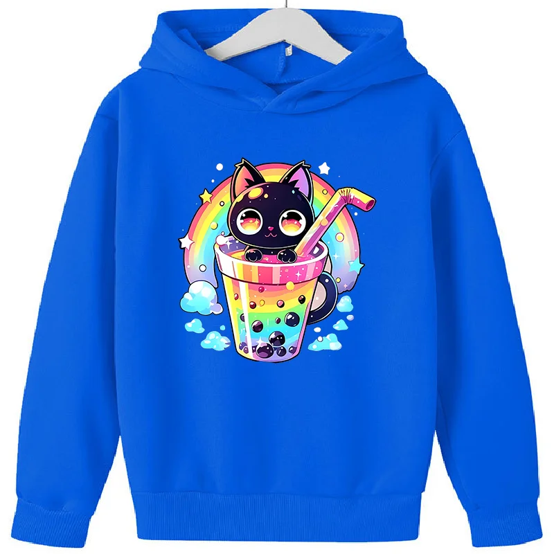 Kids Cute Black Cat In Bubble Tea Cup Hoodie Rainbow Cloud Star Print Long Sleeve Pullover Casual Boys Girls Fashion Hooded