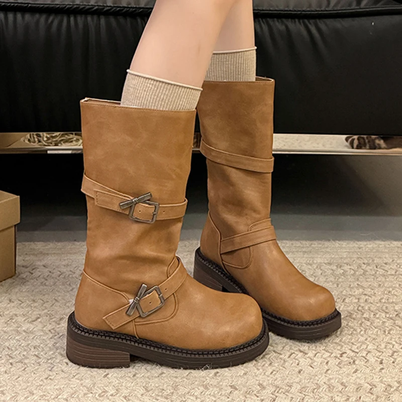 

Women Boots Winter New Heeled Mid Calf Shoes Goth Chelsea Boots 2025 Designer Chunky Leather Shoes Buckle Casual Mujer Botas