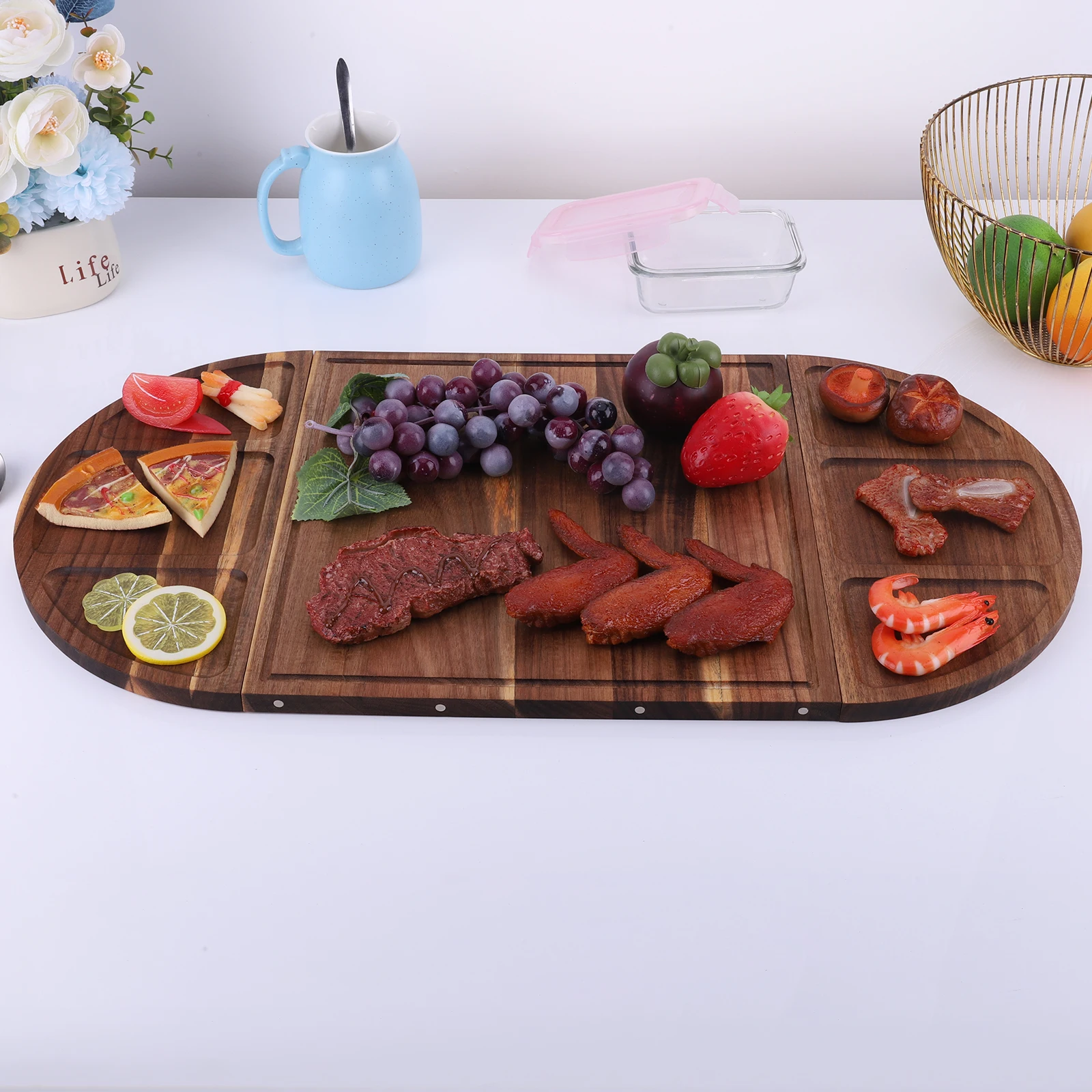 

Acacia Wood Serving Tray Charcuterie Tray Multi-Function Charcuterie Platter with Grooves Magnetic for Fruits Vegetables