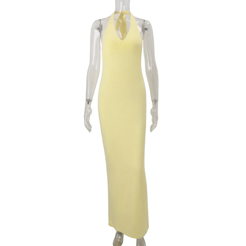 Abito da sera autunnale da donna con lacci senza schienale con scollo all'americana Abito da sera sottile con spacco alto senza maniche Guaina gialla Gonna da festa sottile Novità