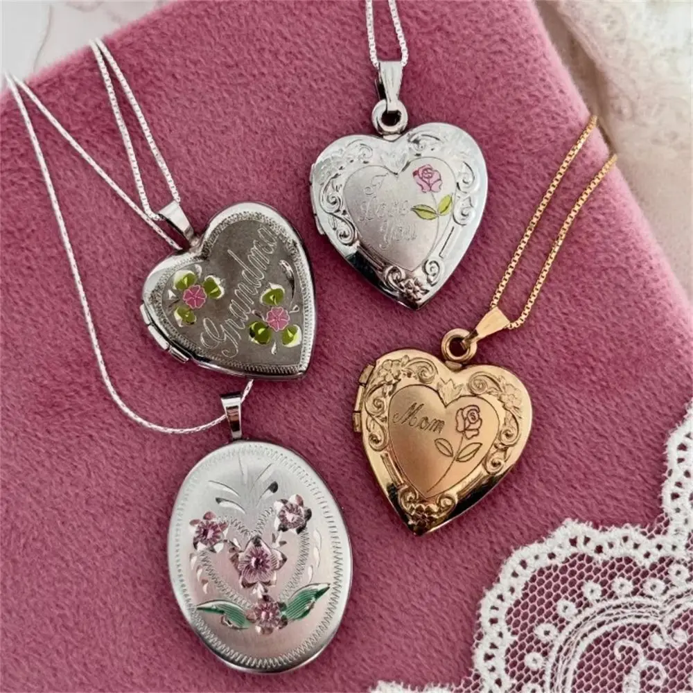Heart Shaped Love Box Pendant Elliptical Pattern Engraved Photo Locket Necklace Preserved Vintage Rose Pendant Memory