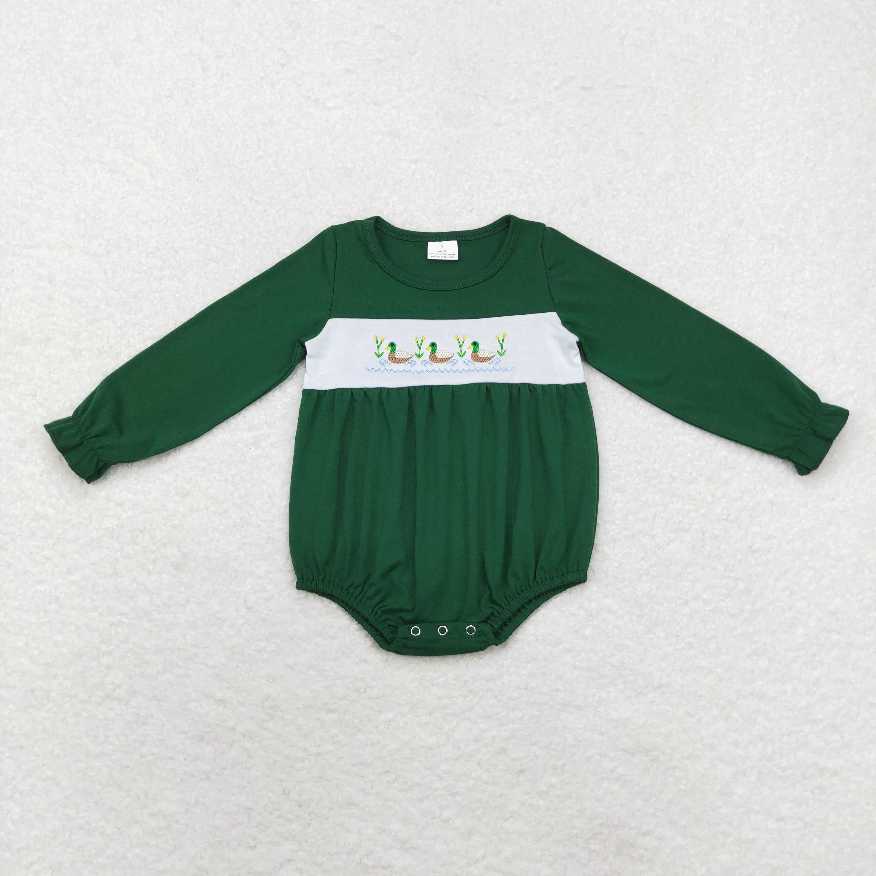 Wholesale Baby Boy Girls One Piece Newborn Toddler Embroidery Duck Romper Kids Children Long Sleeves Infant Green Bow Jumpsuit