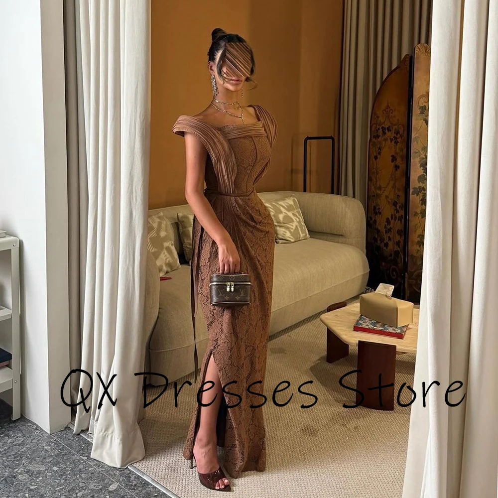 Customized Square Collar Brown Lace Evening Dress Pleat Sleeveless Mermaid Party Dress Slit Floor Length Prom Gown For Women