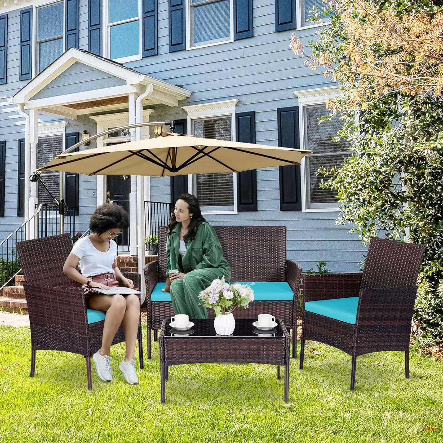 Chaise en rotin PE extérieur avec coussin, table en verre du Guatemala, ensembles de balcon de jardin, ensemble de conversation, 4 pièces