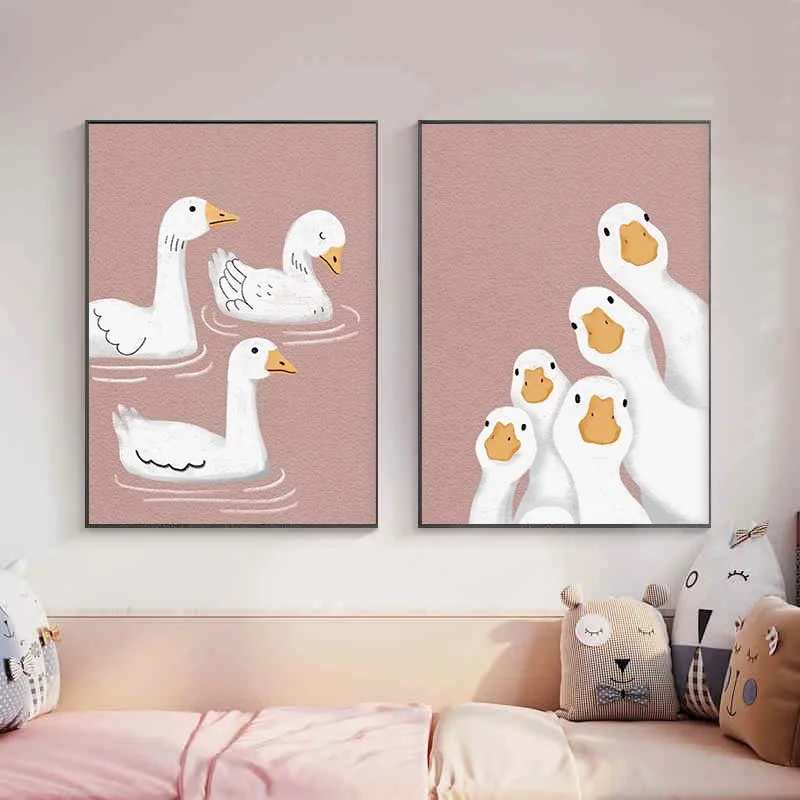 Cartoon Animals Powder Pink Goose Poster Print Wall Art Pictures Canvas Painting Living Room Bedroom Home Decor Gift Frameless