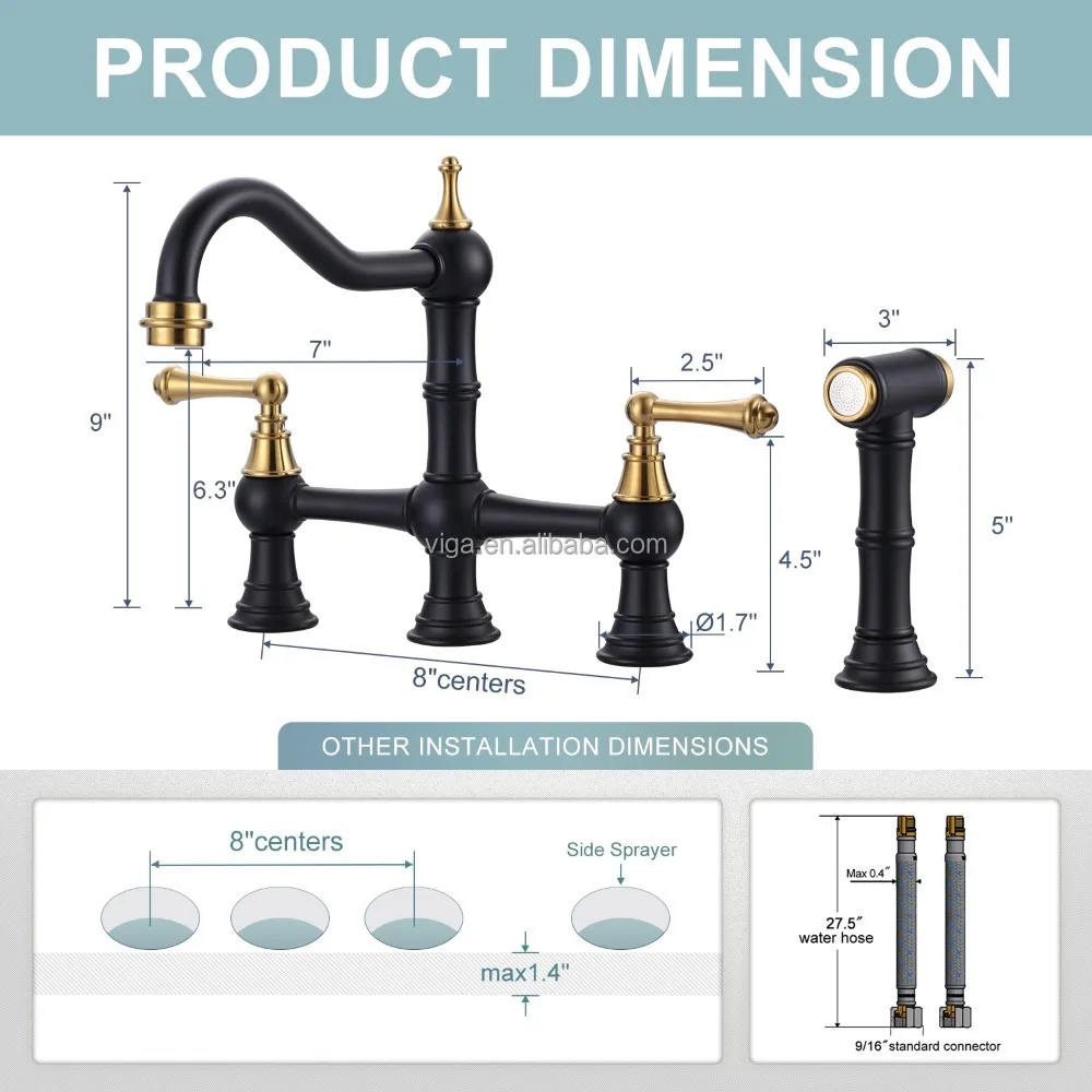 Кухонный смеситель с двумя ручками для фермерского дома, кухонный смеситель с центральной установкой, черный и золотой, латунный мостовой кухонный смеситель с боковым распылителем