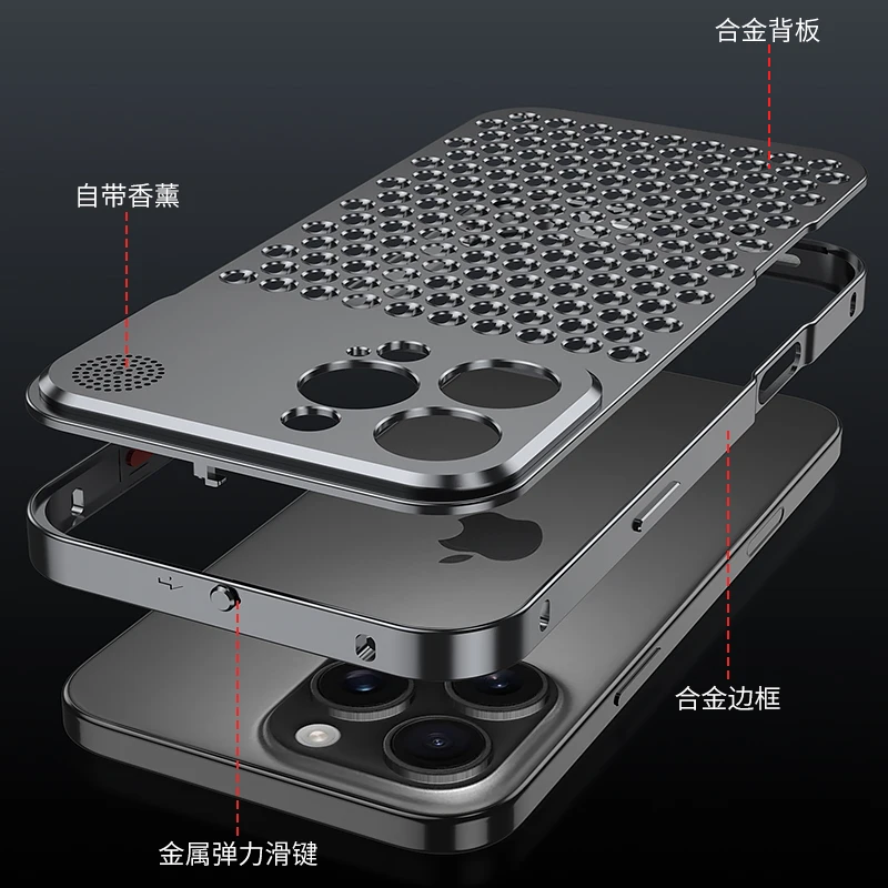 Metalowe etui na telefon iPhone 13 12 14 15 16 Pro Max Plus z odprowadzaniem ciepła, chłodzące, zapachowe, bezramkowe, ażurowe, aluminiowe etui na telefon — zdjęcie produktu 5