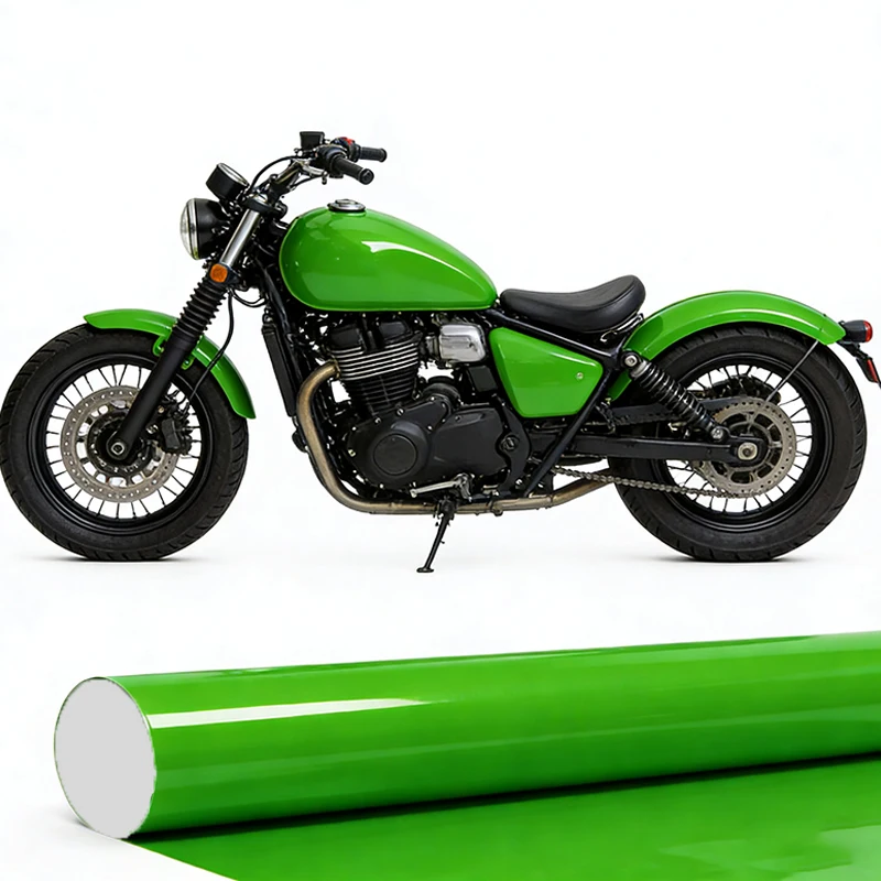 Klassische Glänzende Apfelgrüne PVC-Vinylfolie Selbstklebende Auto- und Motorrad-DIY-Aufkleber mit Luftkanälen