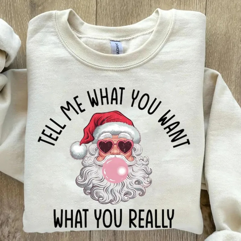 面白いサンタ ポップカルチャー スウェットシャツ 何を望んでいるか教えてください クリスマス バブルガム サンタ トップ 90年代 ノスタルジア ホリデーギフト キッチ クリスマス
