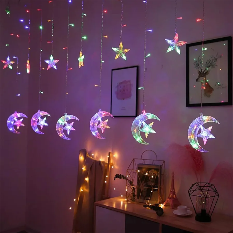 Creatieve 8 Modi Led Maan Ster Gordijn Licht 220V Eu Plug Kerst Slinger Fee Lichtslinger Voor Feest Bruiloft Nieuwjaar Decor