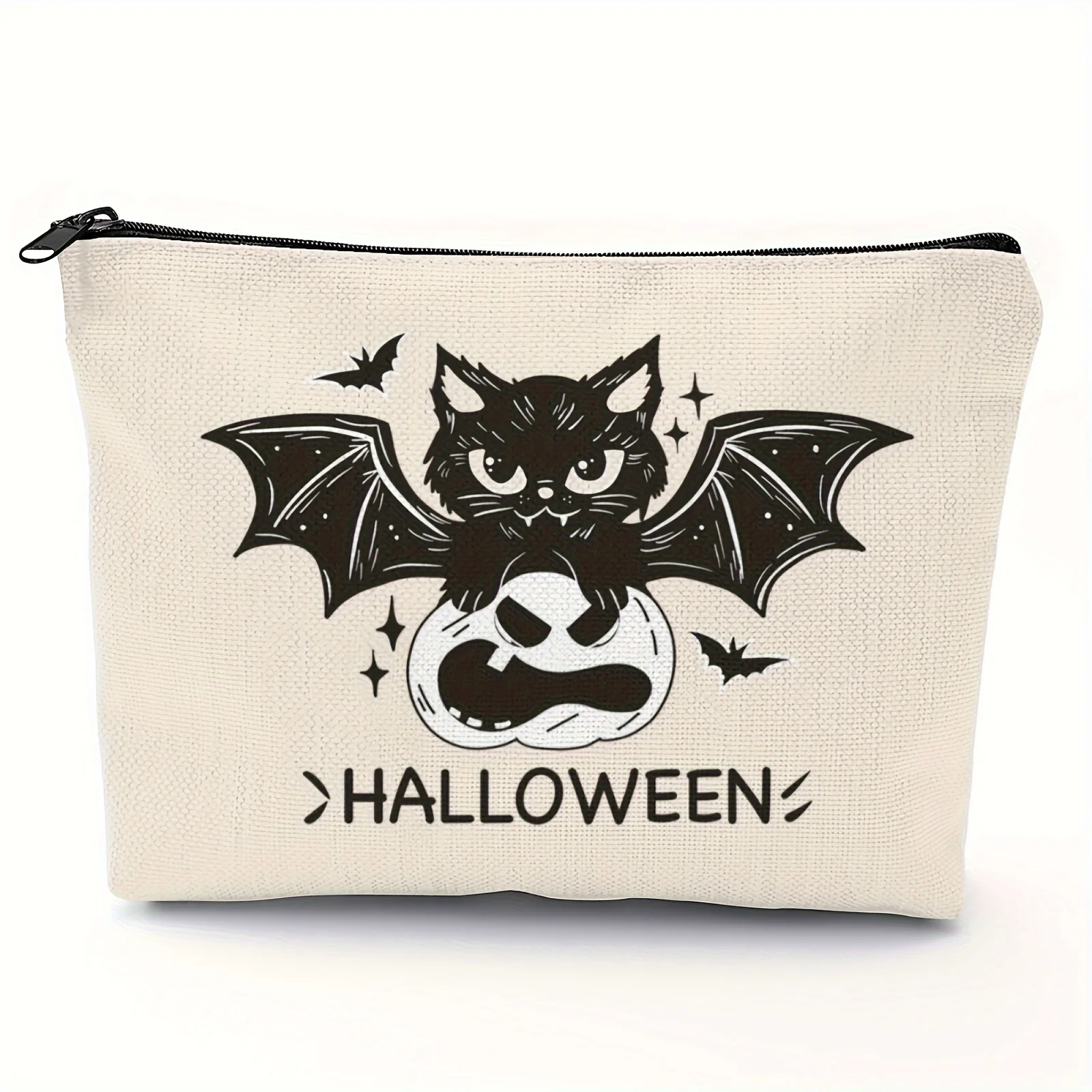 Halloween Cute Cat Bat and Pumpkin Pattern Cosmetic Bag Makeup Bag Zipper Pouch Lightweight Makeup Organizer for Travel