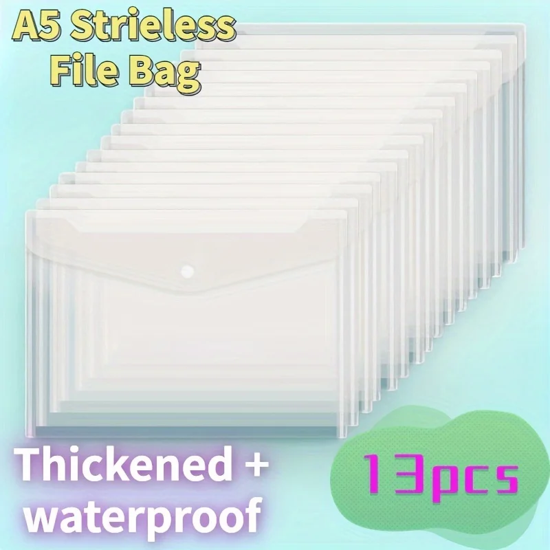 13-Pack A5 File Bags, Thickened Transparent PP Office Document Envelopes, Waterproof with Snap Button Design for Easy Storage