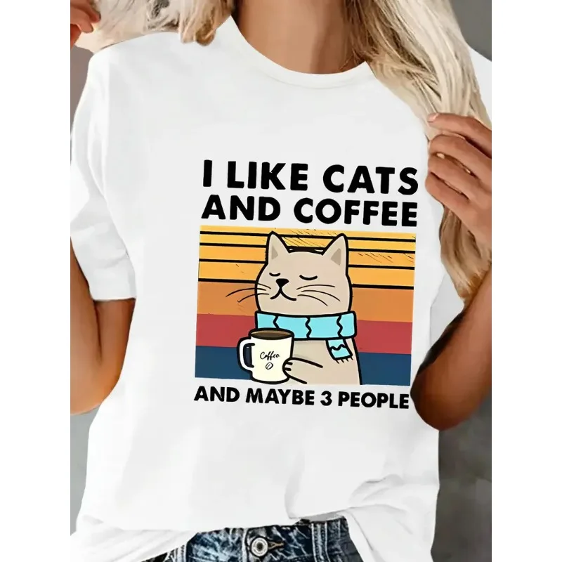 

Женская футболка Футболка с котом I Like Cat and Coffee Футболка с принтом Ретро Cat Lover Футболка Y2K Ретро Подарок для любителей кофе
