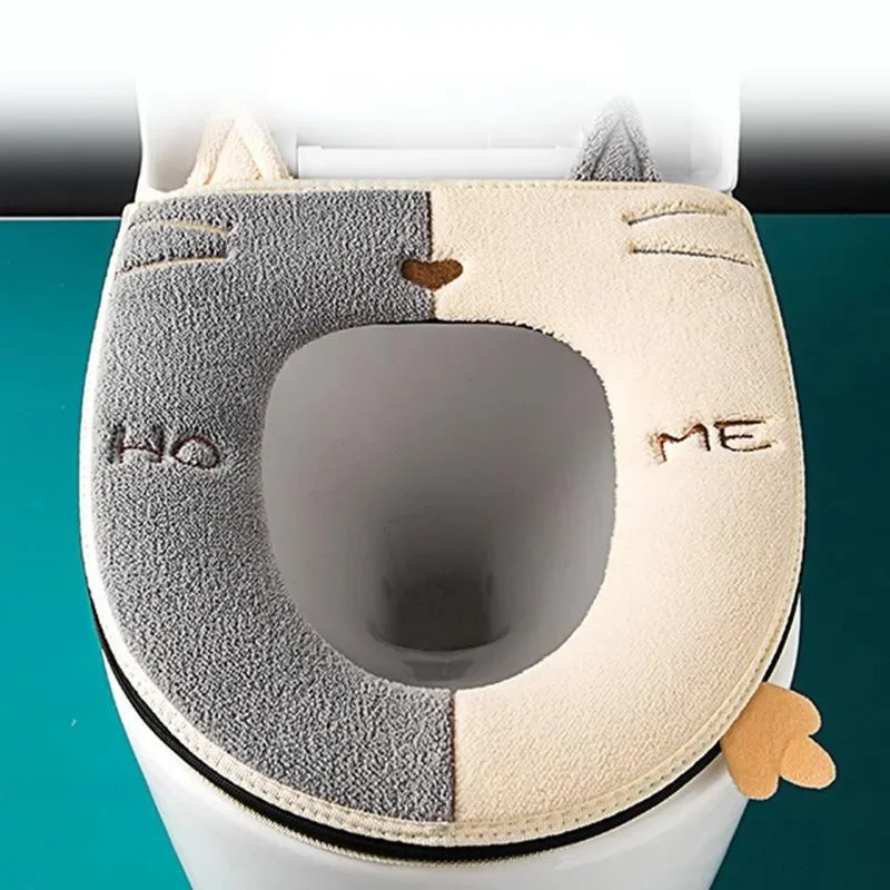

1PC Cat Toilet Seat with Handle Zipper Thick Warm Universal Seat Cushion Winter Ring Suede Embroidery Pattern Toilet Accessories