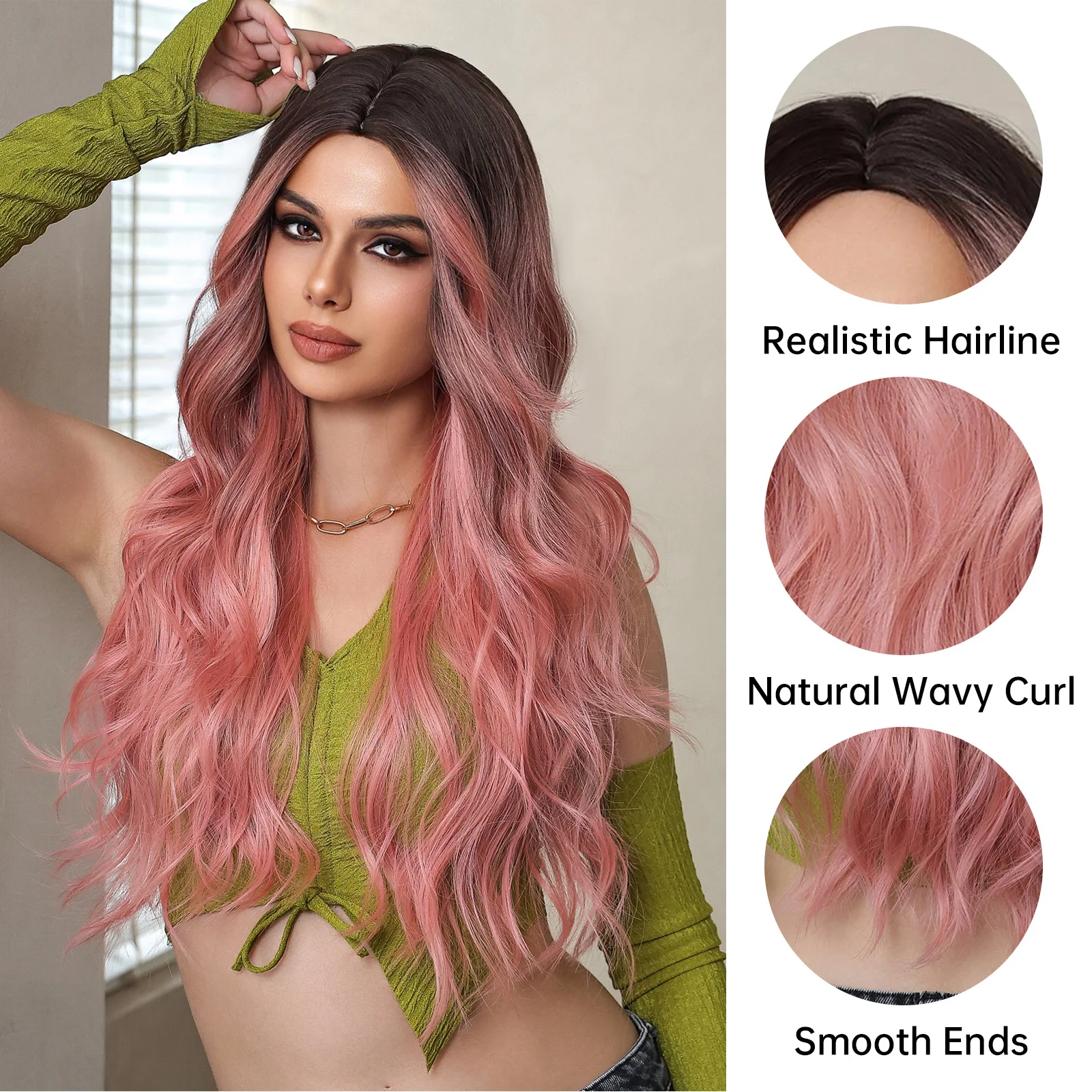 Wig rambut Cosplay Ombre merah muda cokelat Wig wanita berombak panjang sintetis dengan poni untuk pesta Lolita menggunakan Wig alami tahan panas