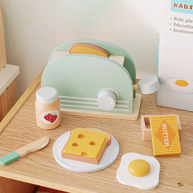 Wooden Toaster Toy Kids Bread Machine Kit Pretend Play Kitchen Toys Set Breakfast Educational Toys Gifts for Girls Boys