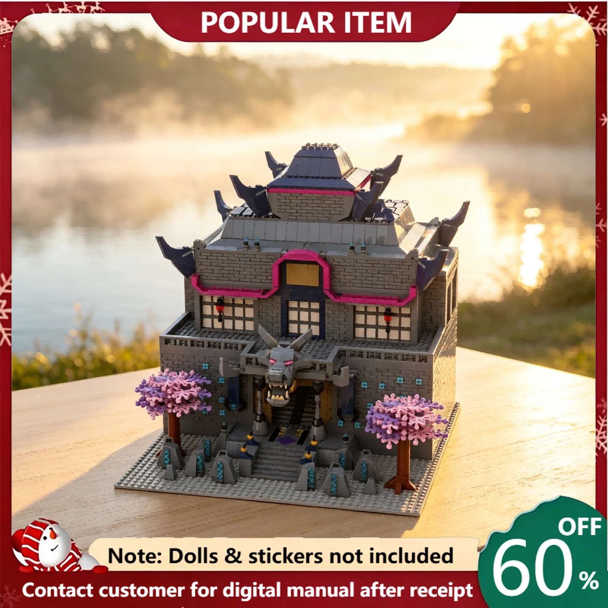 3183PCS MOC Dark Oriental Style Ancient Dojo Castle Building Blocks Model With Sakura Tree DIY Assembly Bricks Display Ornament