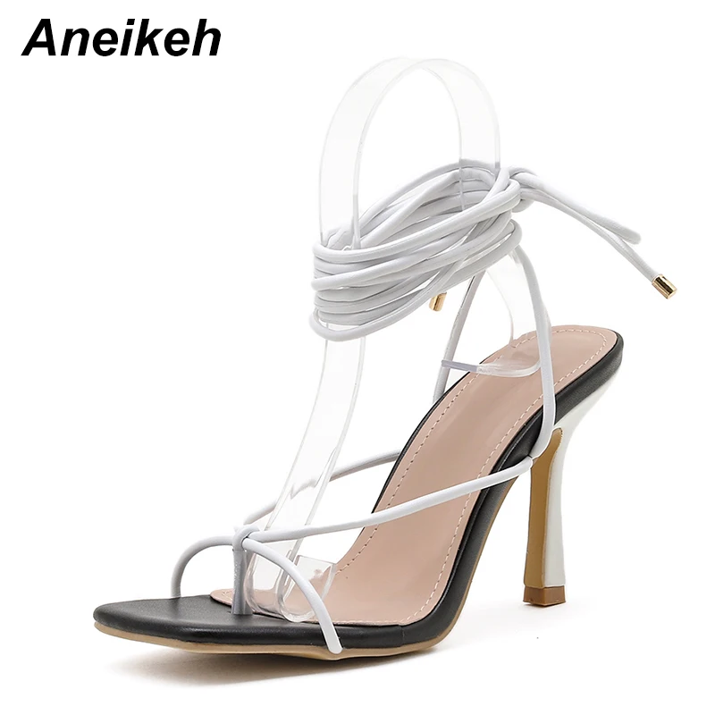 Aneikeh 2025 Fashion Sexy Lace Up Women Sandals Square Toe 9CM Thin Heel Cross Tied Party Shoes High Heel Black White Size 35-42