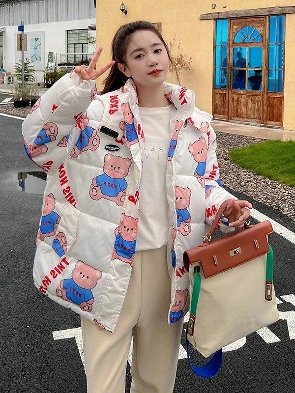 

Thiened down Cotton Jaet ort Printed Women's Winter Clothes New Sle Off-season Small Size Loose Student Tailored