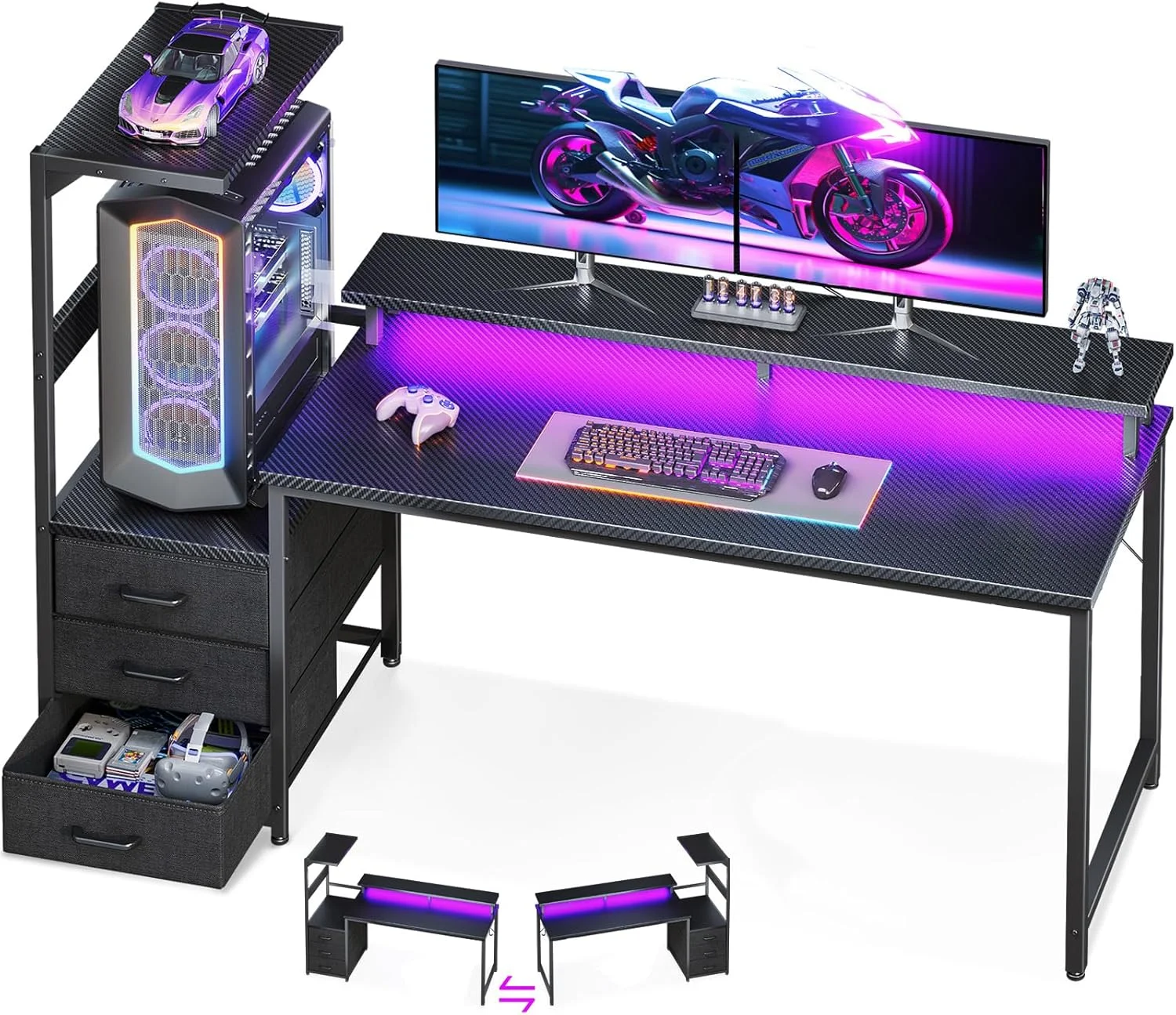 

59-дюймовый игровой стол с LED-подсветкой, полками для хранения, подставкой для монитора и тканевыми ящиками, черный цвет