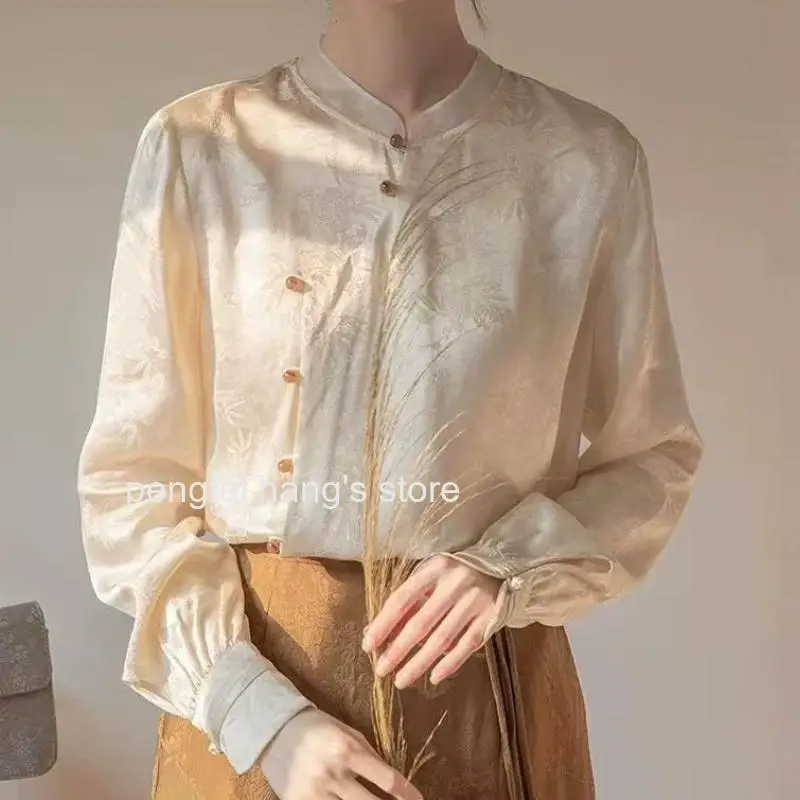 Women Chinese Style Mandarin Collar Satin Jacquard Qipao Blouse Champagne Vintage Button Long Sleeve Tang Top Casual Daily Wear