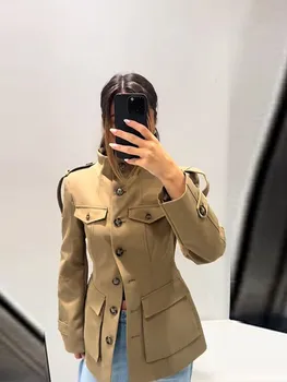Pocket Stand Collar Long Sleeves Jacket Woman Single Breasted Solid Color Waist Cinching Jackets Versatile Women's New Jackets 5 Pocket Stand Collar Long Sleeves Jacket Woman Single Breasted Solid Color Waist Cinching Jackets Versatile Women's New Jackets 5