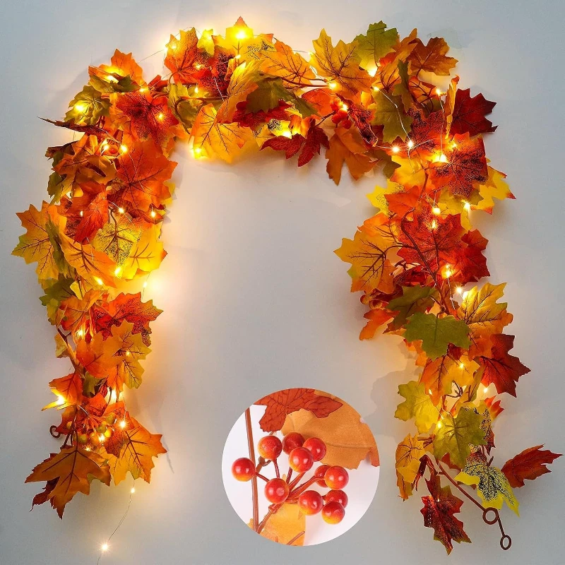 175CM Glowing Artificial Maple Leaf Wreath Fake Leaf Plant Vine Home Decor Garden Halloween Wall Outdoor Windows Decoration