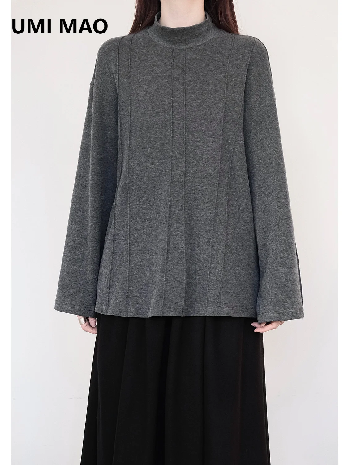UMI MAO Niche Design Ribbed Half-high Collar Base Shirt Loose Simple Long-sleeved Two-tone T-shirt For Autumn Winter Top Femme