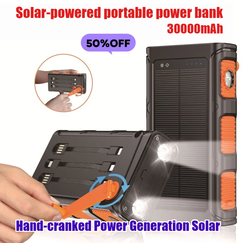 

30000mAh Solar Power Bank with Hand Crank & Built-in Cables for Laptops Compatible with All Series of Smartphones
