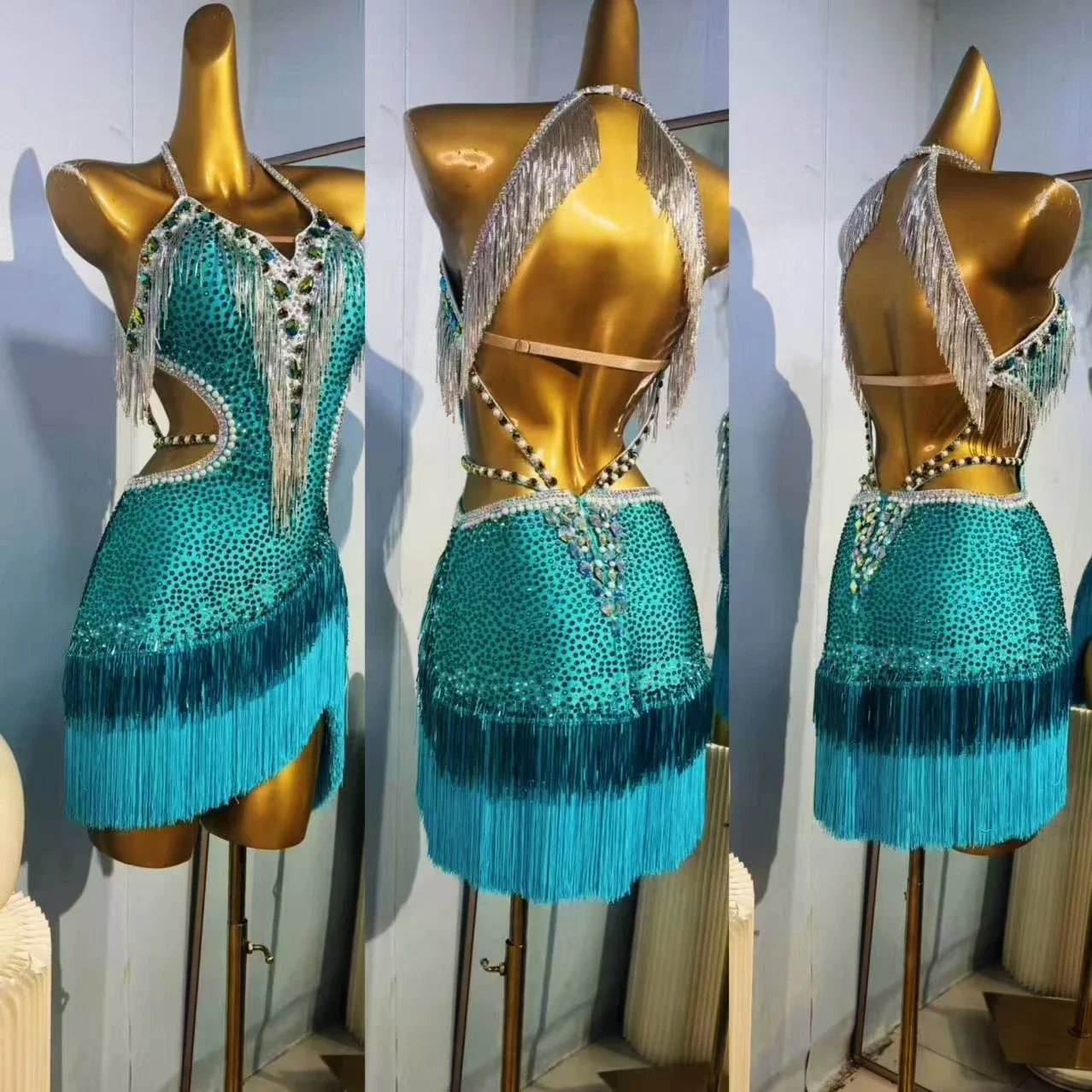Rhinestone Latin Dance Dress for Women, Halter Neck Tassel Salsa Samba Competition Costume, Gradient Turquoise Fringe Ballroom