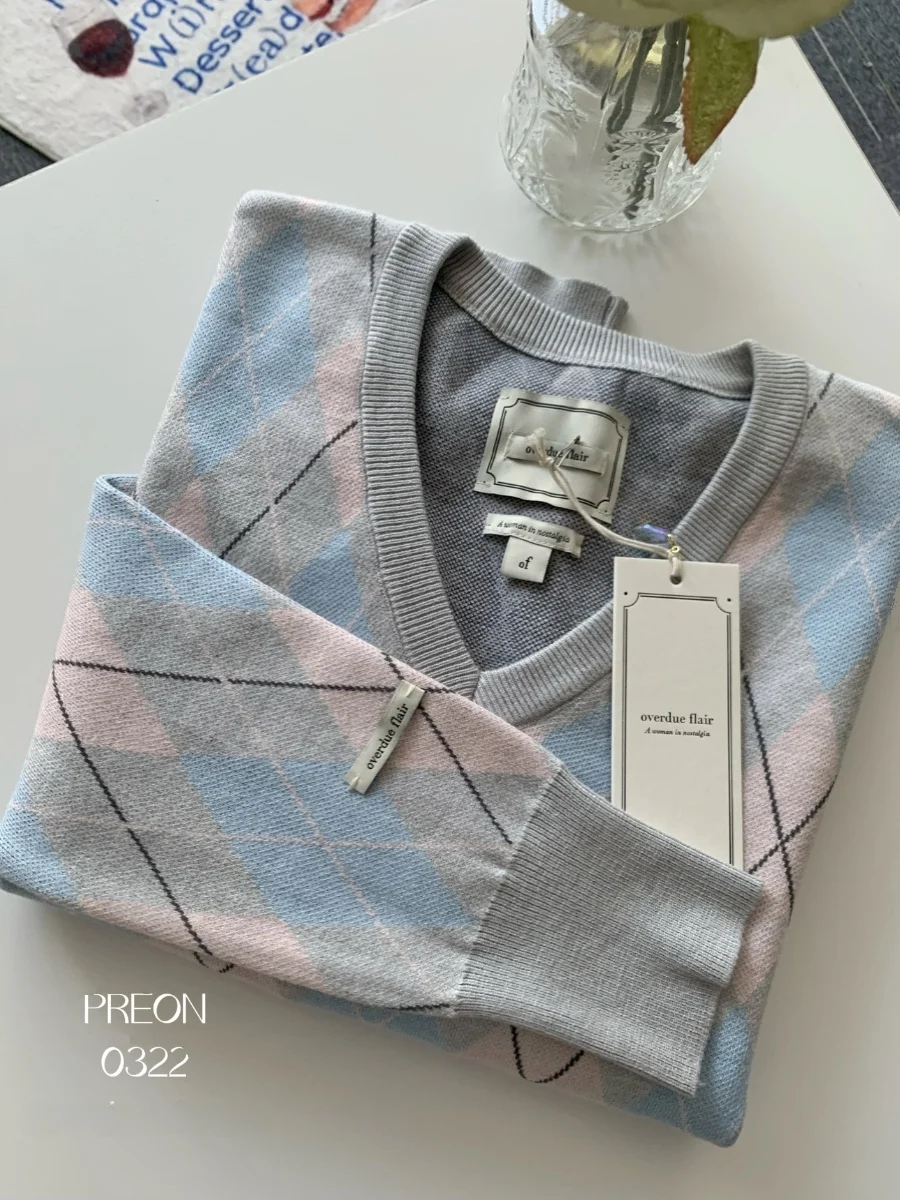 PREON classique diamant motif v-ne haut tricoté en bleu clair et rose automne hiver nouveauté femmes Faion Nylon