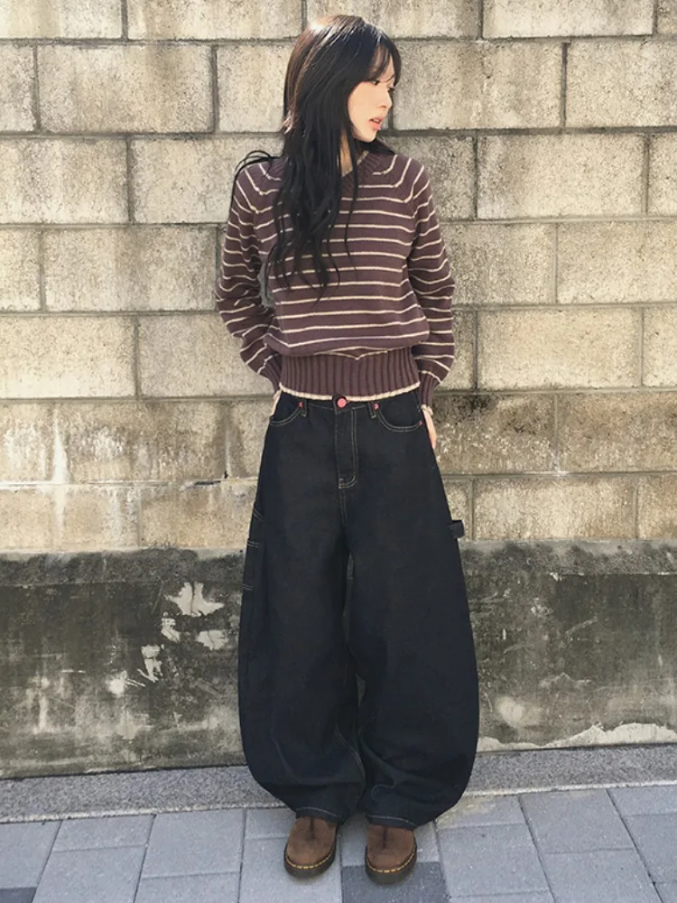 Retro rua sle outono inverno solto perna larga jeans casuais feminino amarrar emagrecimento ket coração design versátil denim