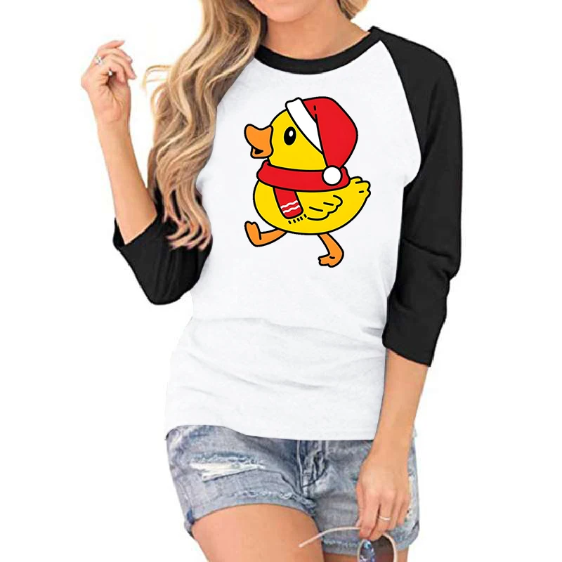 Merry Christmas Classic Three Quarter Sleeves Christmas Duck Graphic Tshirt Women Christmas Duck Funny Gift Seven Sleeve T-shirt