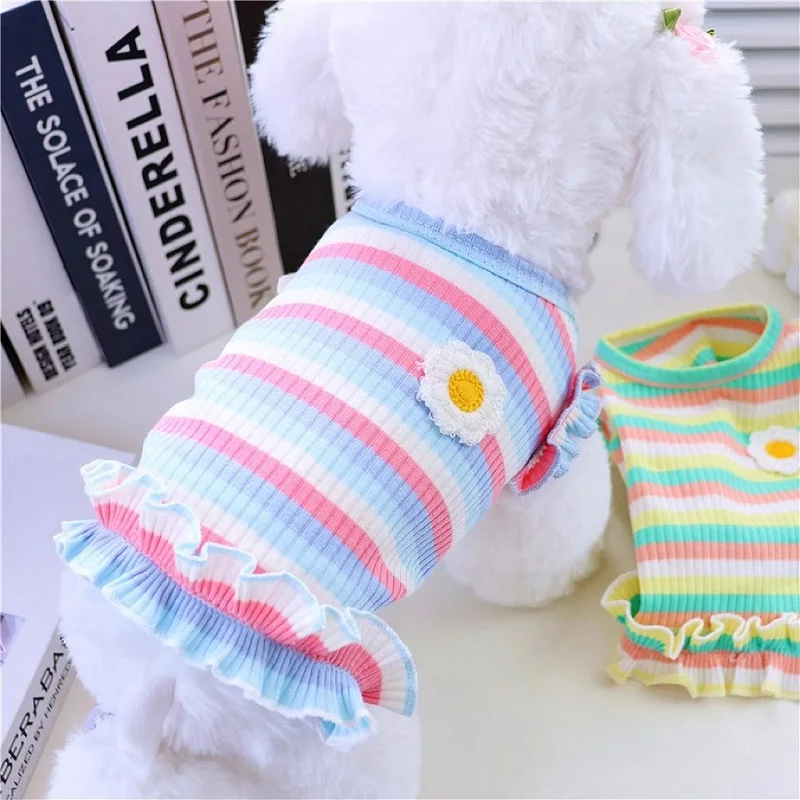 Summer Dog Clothes Pet Vest Dog Knitted Dresses Cooling Striped Dog T Shirt Chihuahua Bichon Clothing Kitten Puppy Dog Apparel