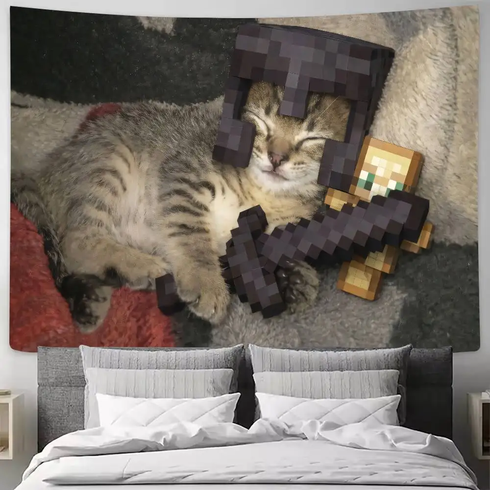Funny Meme Cat Tapestry, Sleepy Kitten With Pixel Armor Wall Hanging, Aesthetic Gaming Meme Wall Tapestry For Bedroom Decor