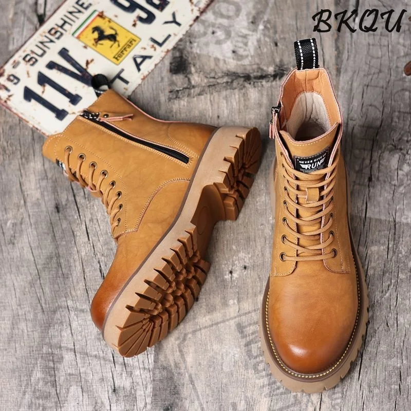 

BKQU Men's Chelsea Boots 2025 Autumn/Winter British Style High-Top Fleece-lined Warm-Keeping Anti-Slip Side Zipper Yellow Boots