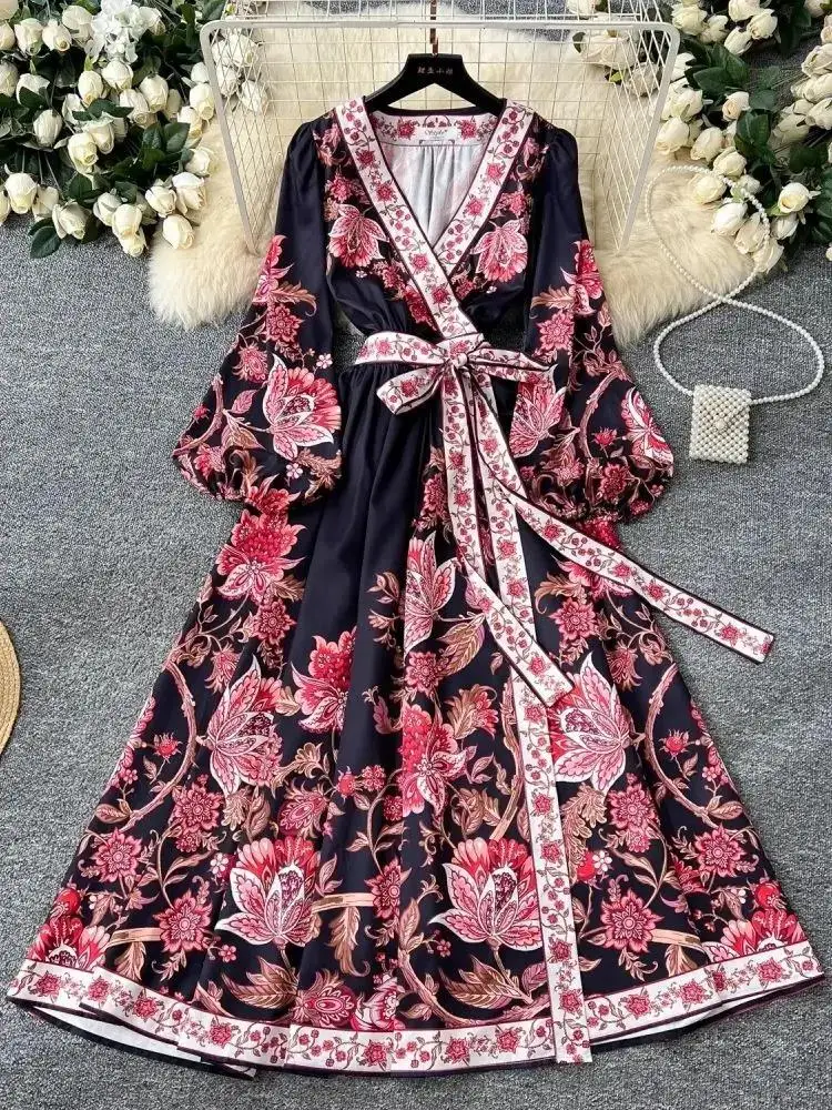 2025 Spring Autumn Holiday Flower Print Muslim Wrap Dress Women Cross V Neck Lantern Sleeve Lace Up Bandage Boho Long Vestido