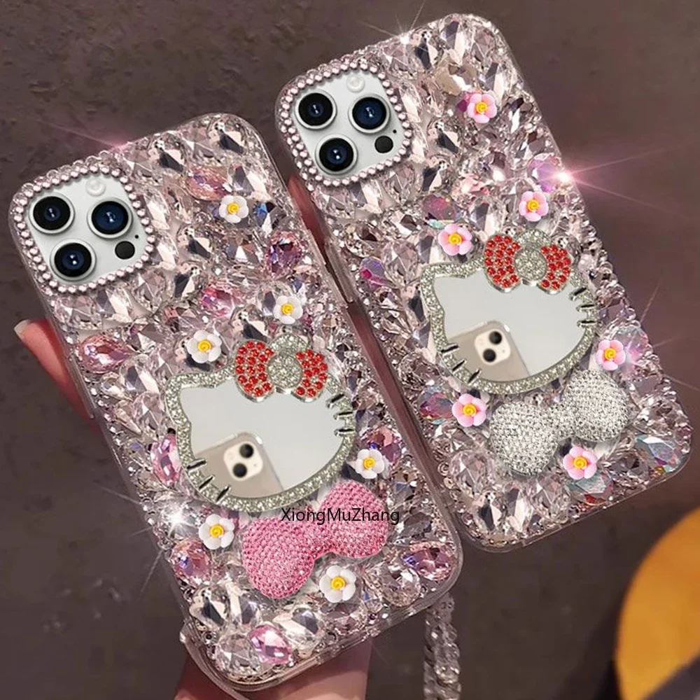 Cartoon Sanrio Hello Kitty Schleifen-Make-up-Spiegel Blumen-Diamant-Hülle für iPhone 17 18 16 Pro 15 14 13 12 11 Pro Max Glitzer-Abdeckung – Detail 7