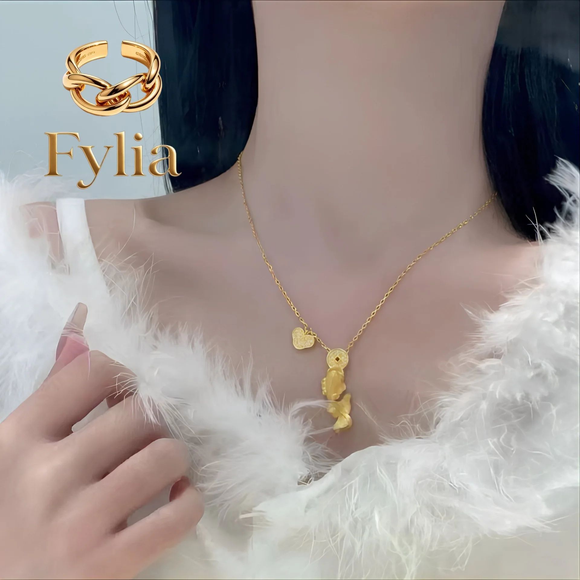 Fylia Jewelry   24K real gold coins swallowing koi fish necklace for women 9999 diamonds inlaid with versatile of wealth-winning