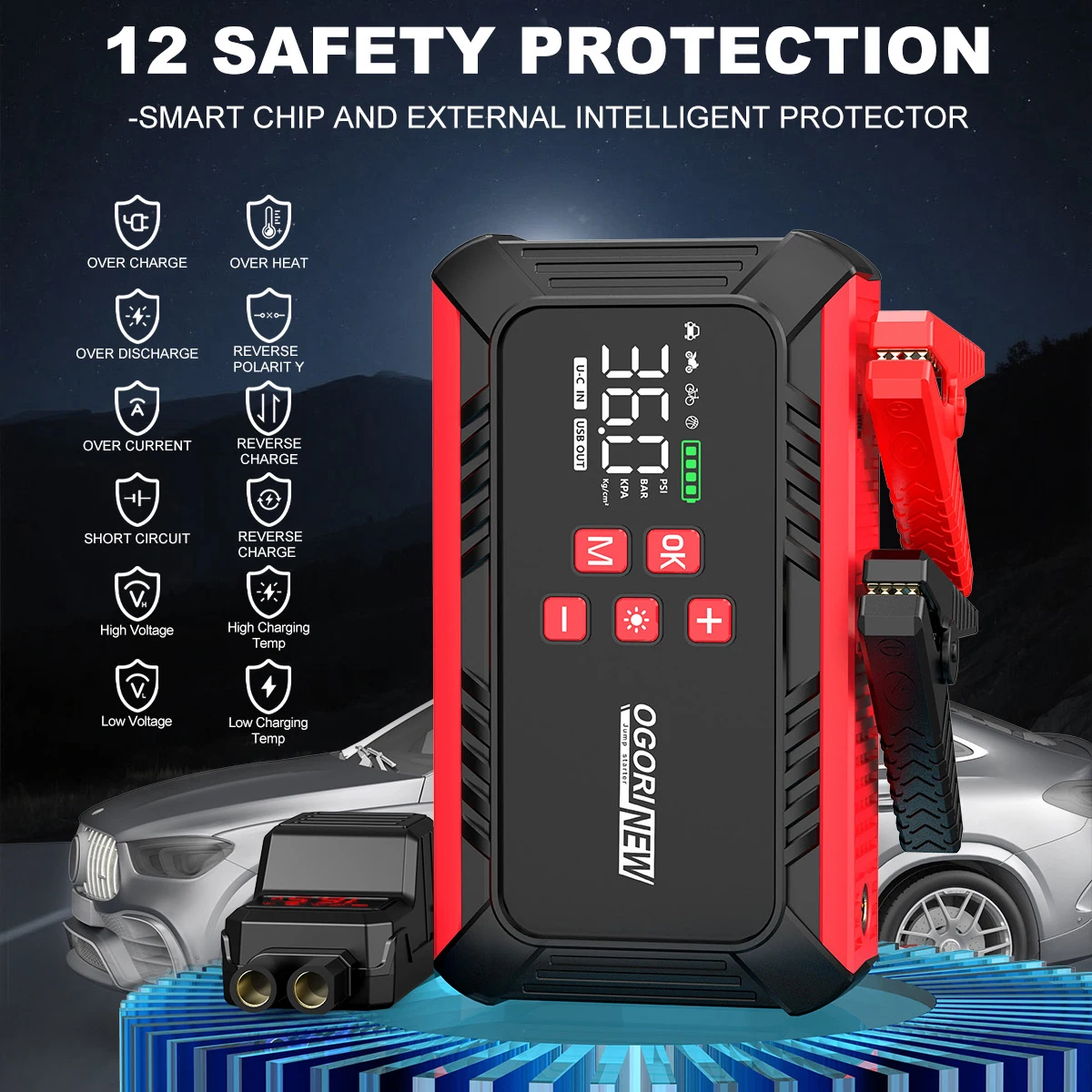 Jump Starter with Air Compressor 150PSI, 8000/9000A Portable Car Battery Booster (All Gas/16L Diesel)
