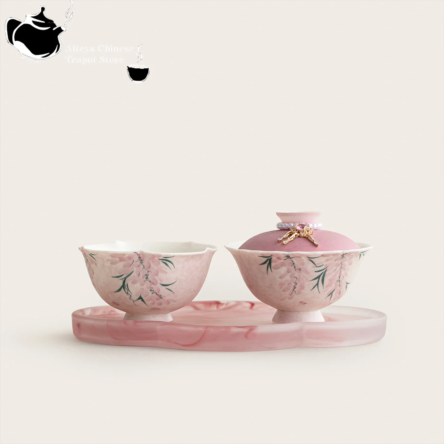 Chinese tea set hand-painted powder mist wisteria flower covered bowl set Kung Fu tea set with tea bowl and tray