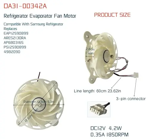 Refrigerator Evaporator Fan Motor 1850 RPM 0.35A 4.2W DC 12V for DA31-00342A Silent Freezer Condenser Fan