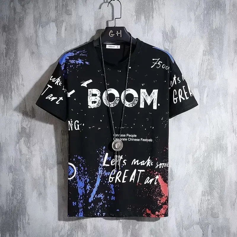 Hot Sale Men's T-Shirt Summer Short Sleeve Top Korean Graffiti Letters Shirt Tees O-Neck Oversized Clothing Loose for Mens 2024