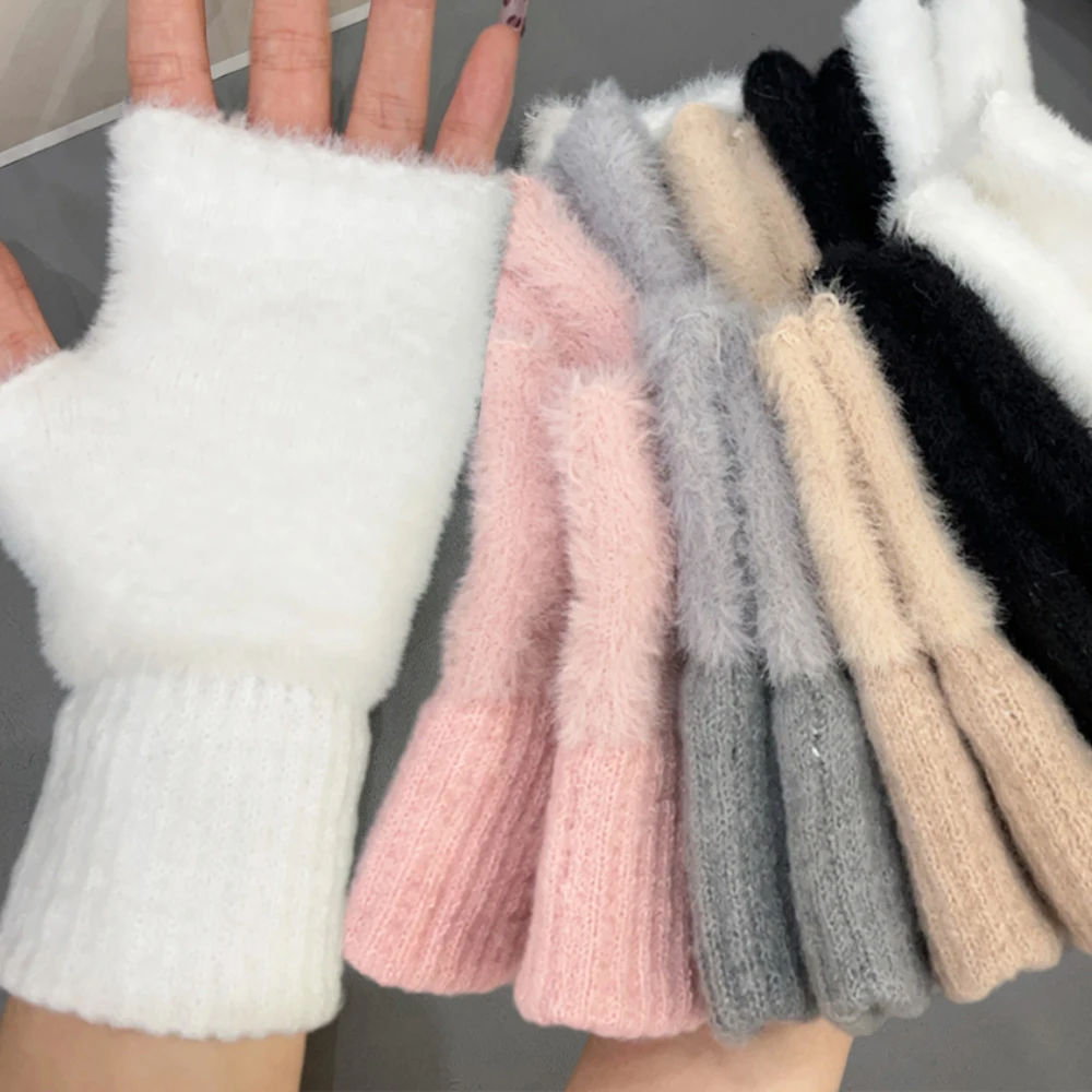 Luxury Mink Fleece Soft Winter Half Finger Gloves Women Warm Solid White Plush Knitted Fingerless Gloves Wrist Mittens Writting