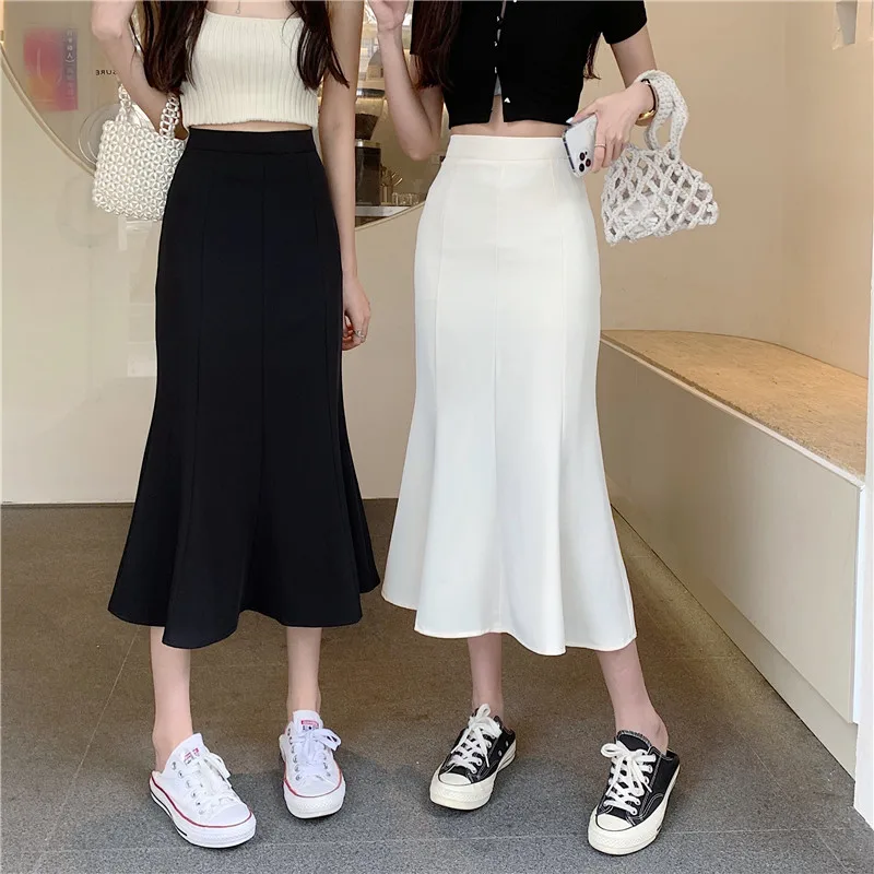 Black Fishtail Skirt for Women Autumn 2024 New High Waist Sheath One-Step Skirt Mid-Length White Temperament Skirts