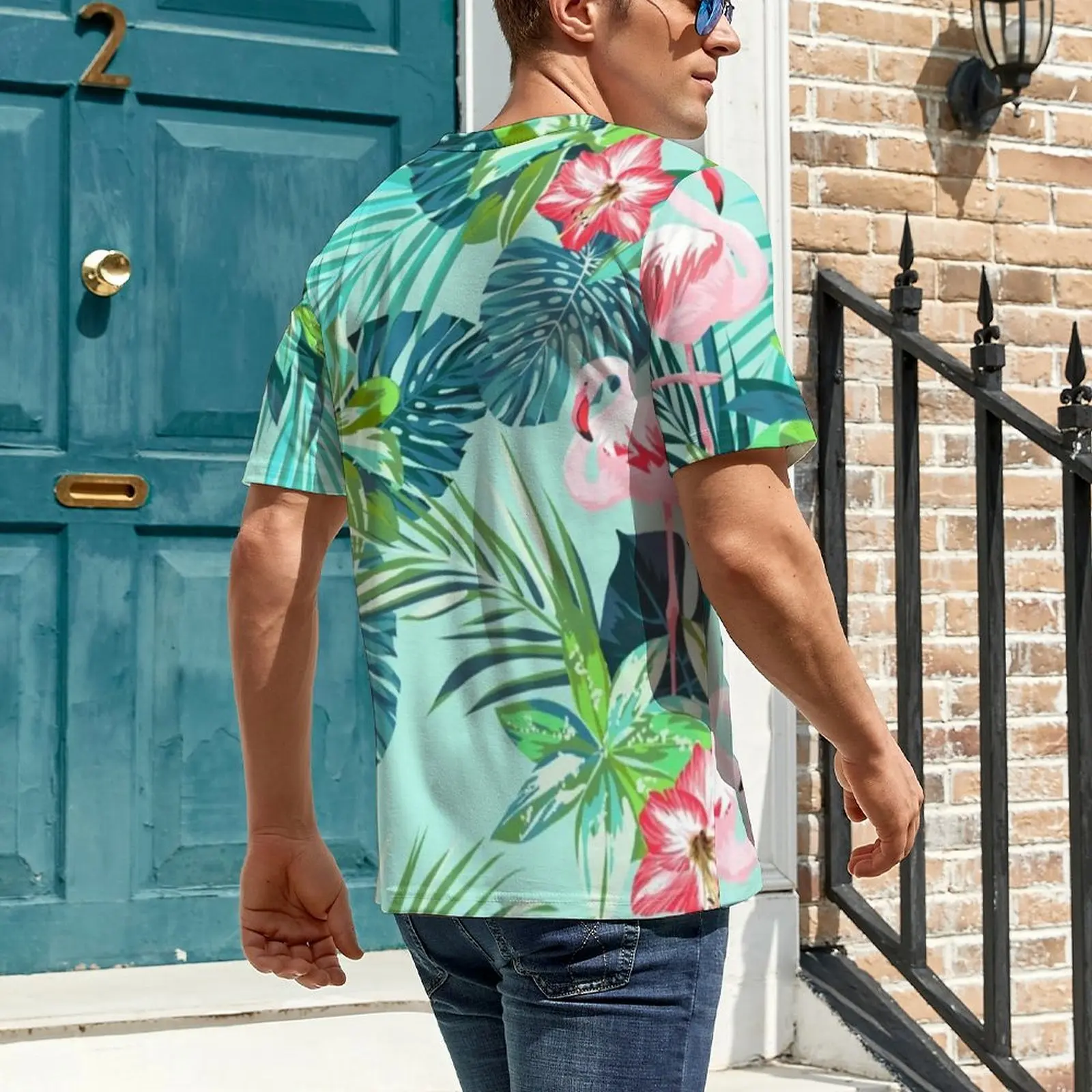 Oversized T-Shirt Original Flamingo Flower Print T-Shirts Bright Green Leaf Y2K Casual O Neck Tshirt Men Hip Hop Custom Clothes